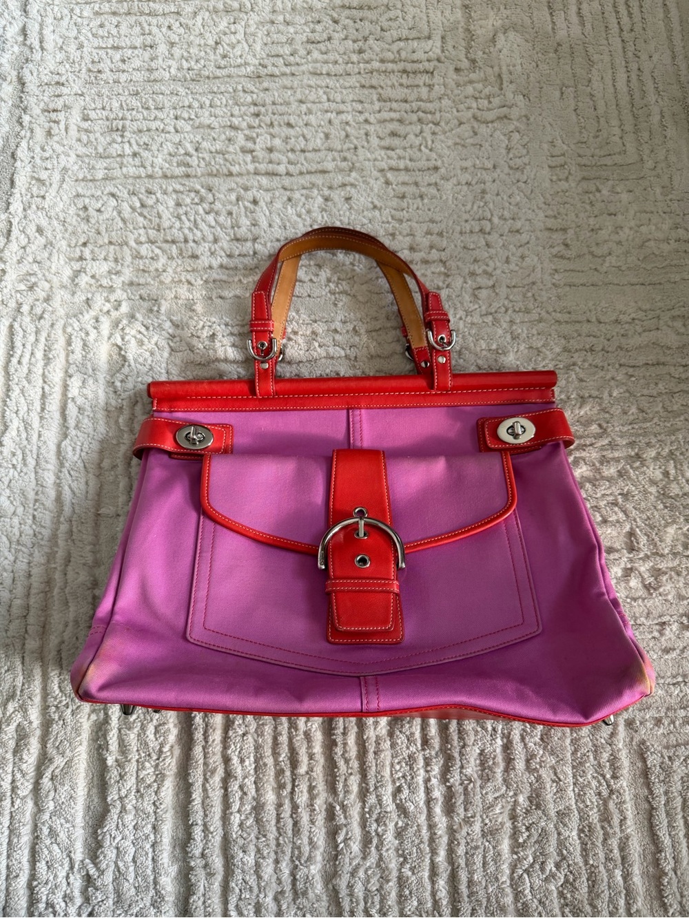 Coach A043 - 9367 Pink Canvas Red Leather Turnlock Tote